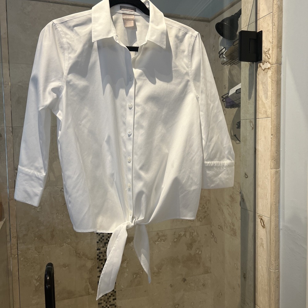 Chico's No Iron White Tie Front Button Up Shirt Women Size 0 Medium 3/4 Sleeve